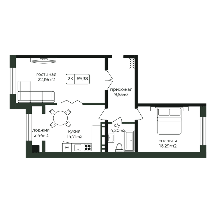 Планировка 2-комнатной 69,38 м²
